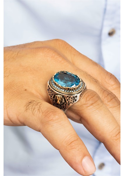 Aqua Taşlı Aslan Armalı Gümüş Erkek Yüzük fiyatları