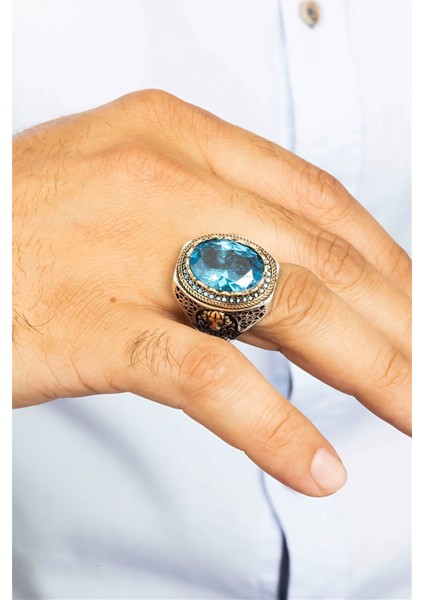 Aqua Taşlı Aslan Armalı Gümüş Erkek Yüzük modelleri