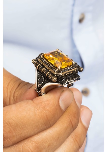 Sitrin Taşlı Otantik Süslemeli Gümüş Erkek Yüzük