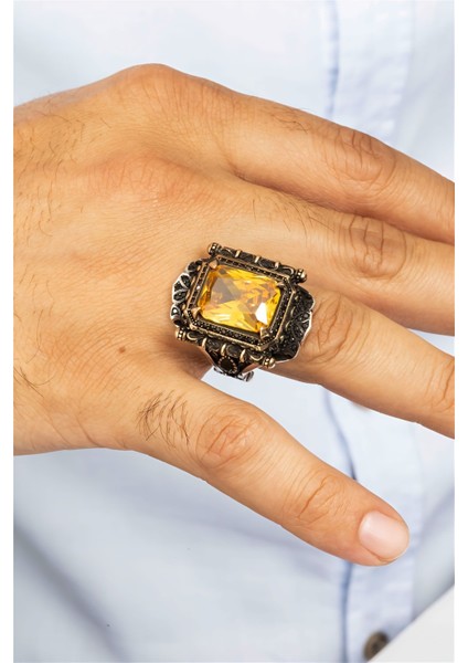 Sitrin Taşlı Otantik Süslemeli Gümüş Erkek Yüzük modelleri