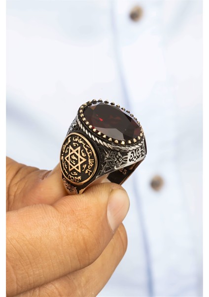 Kırmızı Zirkon Taşlı Süleyman Mührü Gümüş Erkek Yüzük