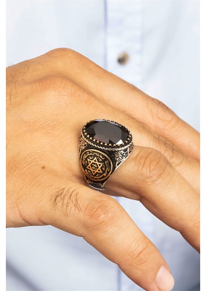 Kırmızı Zirkon Taşlı Süleyman Mührü Gümüş Erkek Yüzük fiyatları