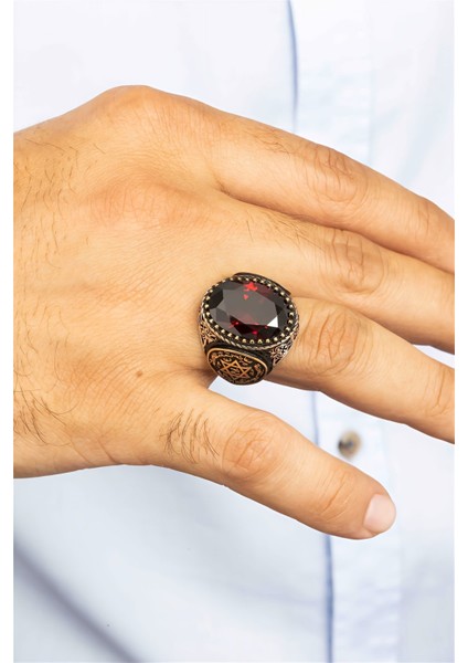 Kırmızı Zirkon Taşlı Süleyman Mührü Gümüş Erkek Yüzük modelleri