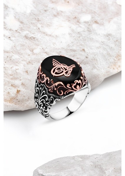 Onix Taş Üzeri Osmanlı Tuğralı Gümüş Erkek Yüzük