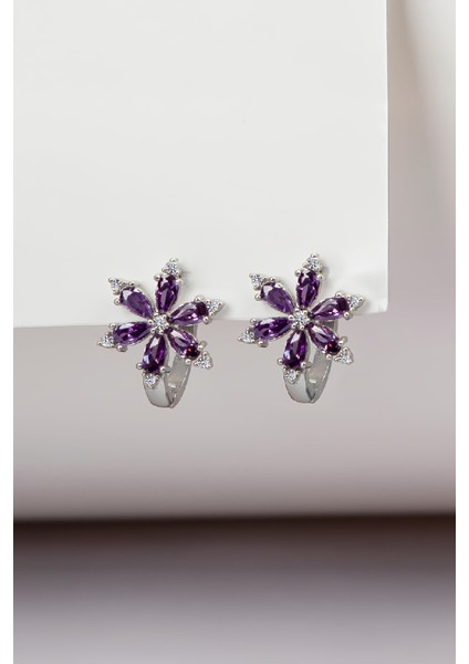 Mor Zirkon Taşlı Rodyumlu 925 Ayar Gümüş Çiçek Küpe