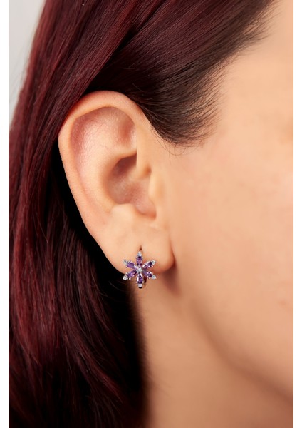 Mor Zirkon Taşlı Rodyumlu 925 Ayar Gümüş Çiçek Küpe fiyatları