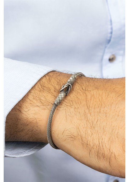 El İşi Sık Düğümlü Örgü Tasarım Gümüş Erkek Bileklik