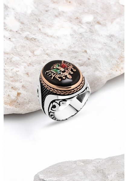 Onix Taşlı Mineli Osmanlı Devlet Armalı Gümüş Erkek Yüzük