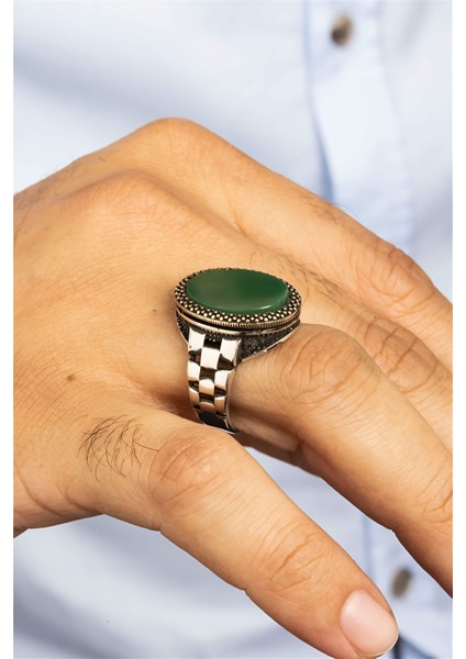 Oval Yeşil Akik Taşlı Kordon Motifli Gümüş Erkek Yüzük fiyatları