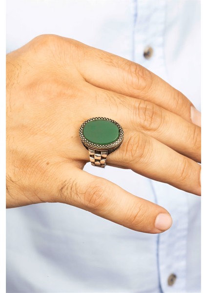 Oval Yeşil Akik Taşlı Kordon Motifli Gümüş Erkek Yüzük modelleri