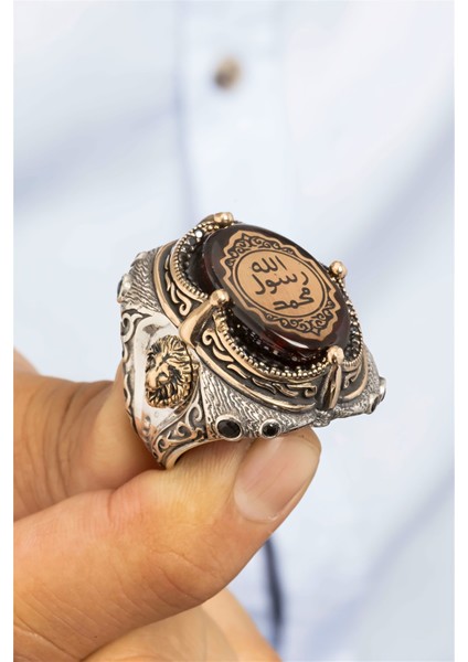 Özel Koleksiyon Kırmızı Taşlı Peygamber Mührü Gümüş Erkek Yüzük