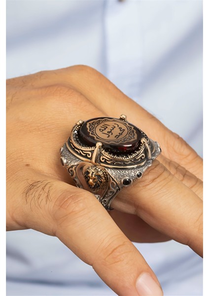 Özel Koleksiyon Kırmızı Taşlı Peygamber Mührü Gümüş Erkek Yüzük fiyatları