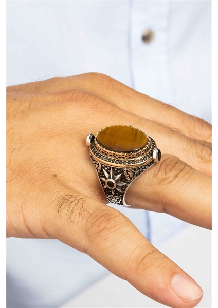 Oval Kaplan Gözü Taşlı Yıldız Desenli Gümüş Erkek Yüzük fiyatları