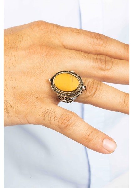 Oval Kaplan Gözü Taşlı Yıldız Desenli Gümüş Erkek Yüzük modelleri