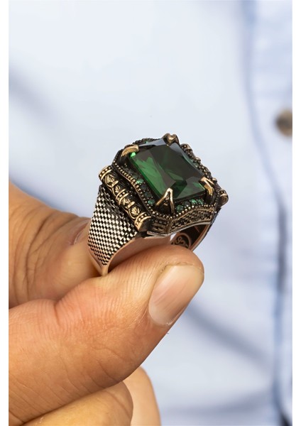 Yeşil Taşlı Otantik İşlemeli Karartmalı Gümüş Erkek Yüzük