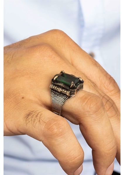 Yeşil Taşlı Otantik İşlemeli Karartmalı Gümüş Erkek Yüzük fiyatları