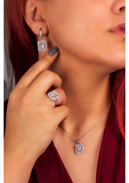 925 Ayar Gümüş Rodyumlu Full Beyaz Zirkon Taşlı Baget Bayan Takı Seti modelleri