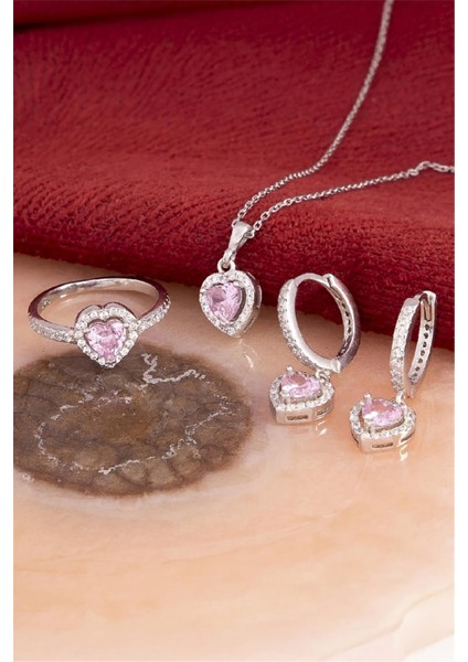 925 Ayar Gümüş Rodyumlu Pembe Taşlı Kalp Bayan Takı Seti