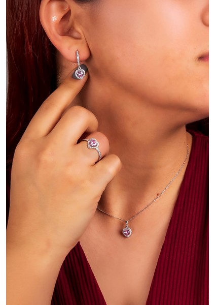 925 Ayar Gümüş Rodyumlu Pembe Taşlı Kalp Bayan Takı Seti fiyatları