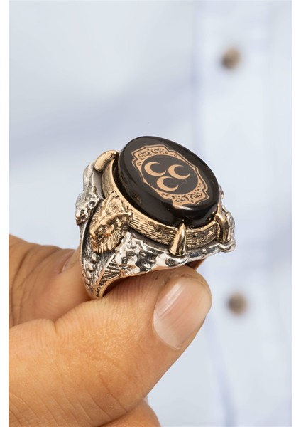 Özel Koleksiyon Üç Hilal Ve Aslan Motifli Siyah Taşlı Gümüş Erkek Yüzük
