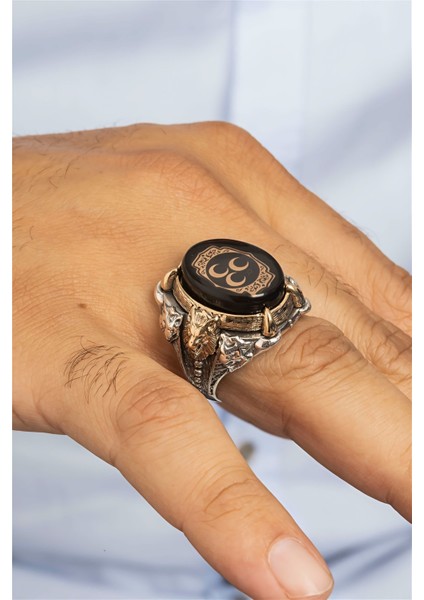 Özel Koleksiyon Üç Hilal Ve Aslan Motifli Siyah Taşlı Gümüş Erkek Yüzük fiyatları