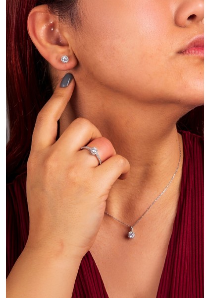 925 Ayar Gümüş Rodyumlu Beyaz Zirkon Taşlı Yuvarlak Bayan Takı Seti fiyatları