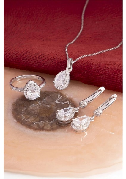 925 Ayar Gümüş Rodyumlu Zirkon Taşlı Damla Bayan Takı Seti