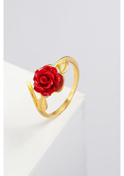 925 Ayar Gümüş Altın Kaplama Bayan Kırmızı Gül Yüzük