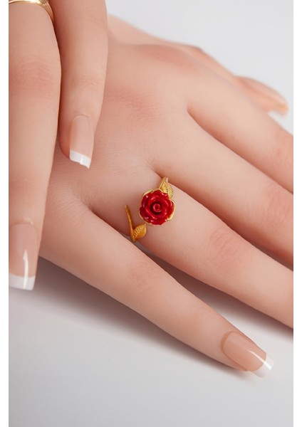925 Ayar Gümüş Altın Kaplama Bayan Kırmızı Gül Yüzük fiyatları