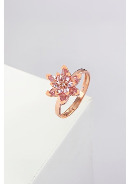 Pembe Taşlı Rose Renk Ayarlanabilir Lotus Gümüş Bayan Yüzük