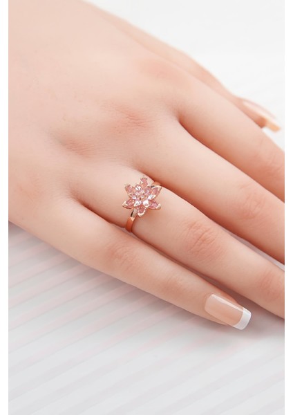 Pembe Taşlı Rose Renk Ayarlanabilir Lotus Gümüş Bayan Yüzük fiyatları