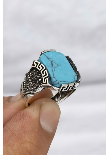 Firuze Taşlı Grek Desenli Otantik Gümüş Erkek Yüzük