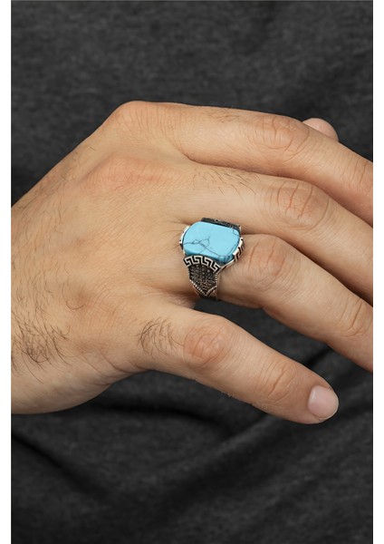Firuze Taşlı Grek Desenli Otantik Gümüş Erkek Yüzük fiyatları