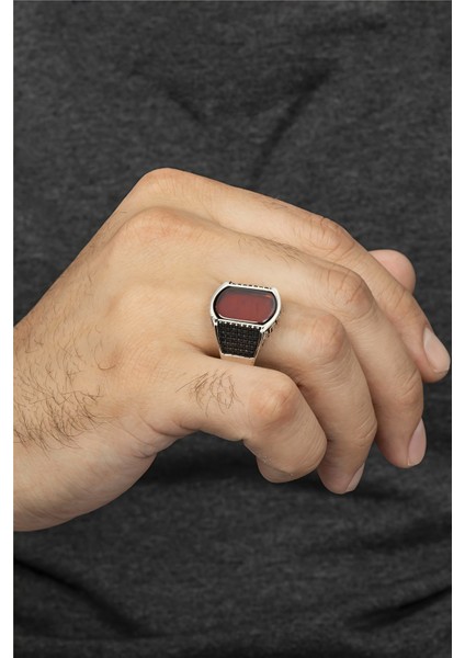 Kırmızı Akik Ve Zirkon Taşlı Gümüş Erkek Yüzük fiyatları