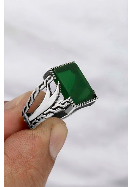 Zülfikar Desenli Yeşil Akik Taşlı Gümüş Erkek Yüzük