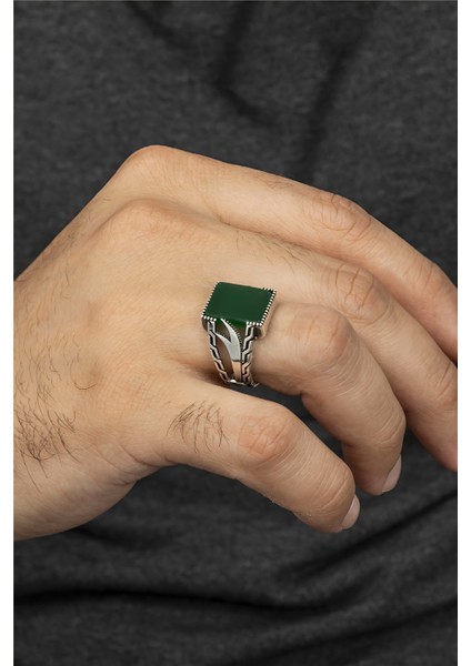 Zülfikar Desenli Yeşil Akik Taşlı Gümüş Erkek Yüzük fiyatları