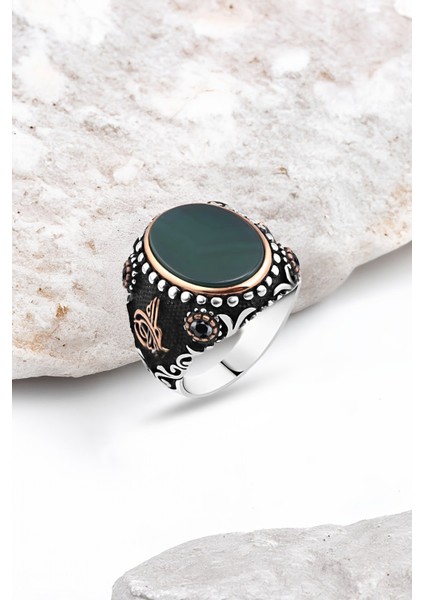 Düz Yeşil Akik Taşlı Gümüş Erkek Yüzük