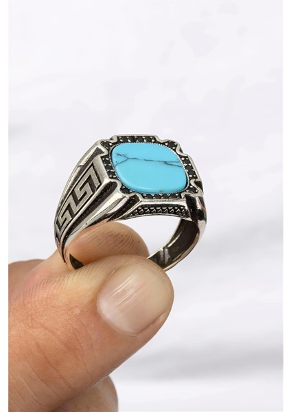 Firuze Taşlı Grek Desenli Gümüş Erkek Yüzük