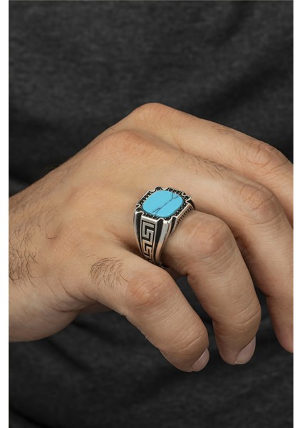 Firuze Taşlı Grek Desenli Gümüş Erkek Yüzük fiyatları