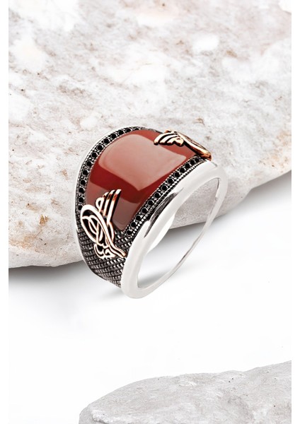 ​​​Gümüş Özel Kesim Akik Taşlı Tuğralı Erkek Yüzük