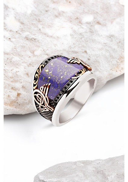 ​Gümüş Özel Kesim Sıkma Lapis Taşlı Erkek Yüzük