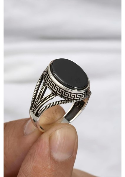 Oval Grek Desenli Süslemeli Gümüş Serçe Parmak Erkek Yüzük