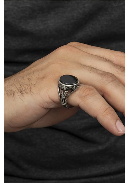 Oval Grek Desenli Süslemeli Gümüş Serçe Parmak Erkek Yüzük fiyatları