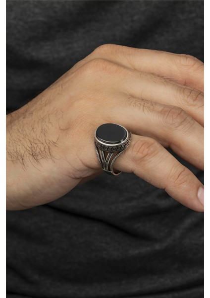 Oval Grek Desenli Süslemeli Gümüş Serçe Parmak Erkek Yüzük modelleri