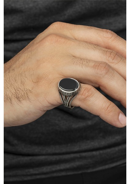 Oval Grek Desenli Süslemeli Gümüş Serçe Parmak Erkek Yüzük fırsatları