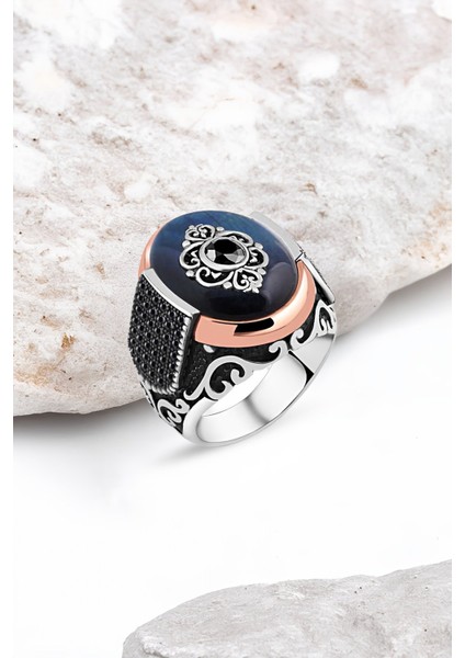 Mavi Sentetik Kehribar Gümüş Erkek Yüzük