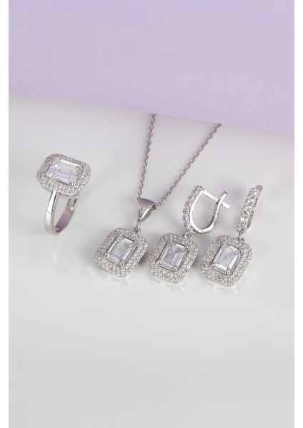 Full Zirkon Taşlı Rodyum Kaplama 925 Ayar Gümüş Bayan Takı Seti