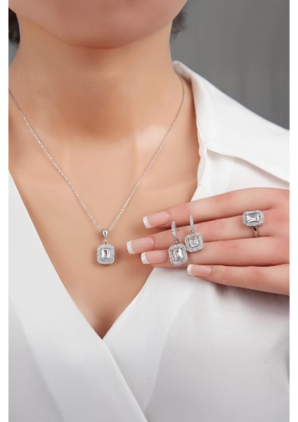 Full Zirkon Taşlı Rodyum Kaplama 925 Ayar Gümüş Bayan Takı Seti fiyatları