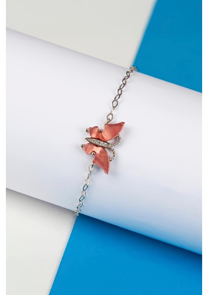 Pembe Opal Rodyumlu 925 Ayar Gümüş Kelebek Bayan Bileklik