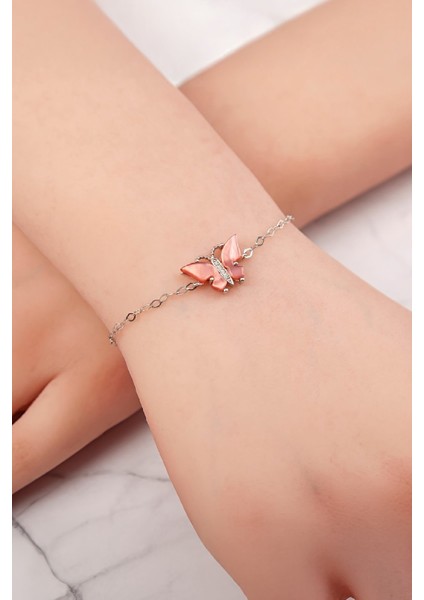 Pembe Opal Rodyumlu 925 Ayar Gümüş Kelebek Bayan Bileklik fiyatları